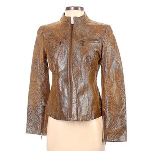 VS2 by VAKKO Snake Print Genuine Leather Zipper Jacket BROWN GOLD
